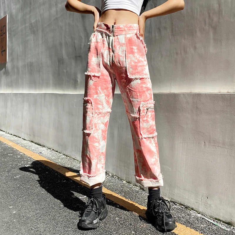 2021 New Fashion Hip Hop Zipper Pants Tie Dye Jeans Women Pocket High Waist Denim Pants Casual Fashion Streetwear Long Trousers