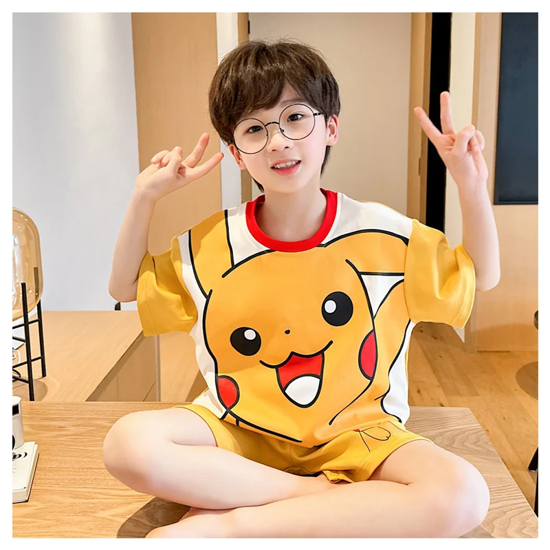 

Cartoon Cute Pokemon Pikachu Printed Boys' Summer Pajama Set Kawaii Cotton Short Sleeved Shorts for Home Clothing Children Gift