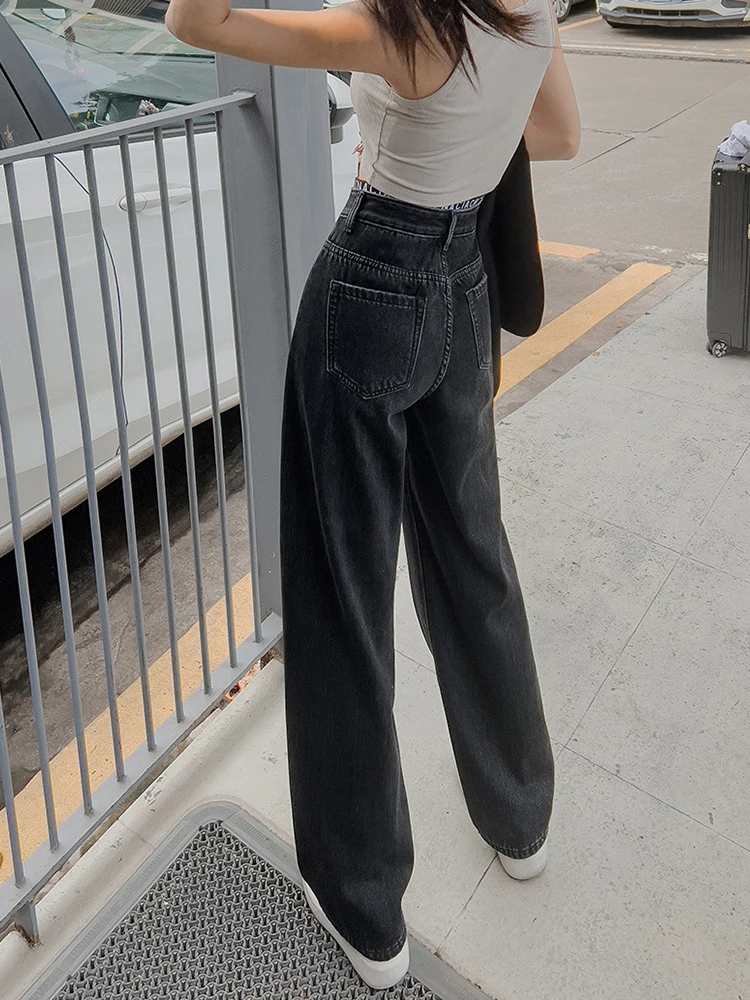 High Waisted Wide Leg Jeans Women Clothing Letter Splicing Straight Tube Loose Fitting Slim Denim Pants Korean Version Trousers