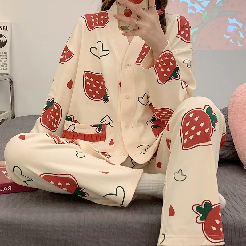 2 Piece Women Set Spring Autumn Long Sleeve Pajamas for Woman Cotton Fashion Sleepwear Flowers Print Soft Ladies Pajama Set