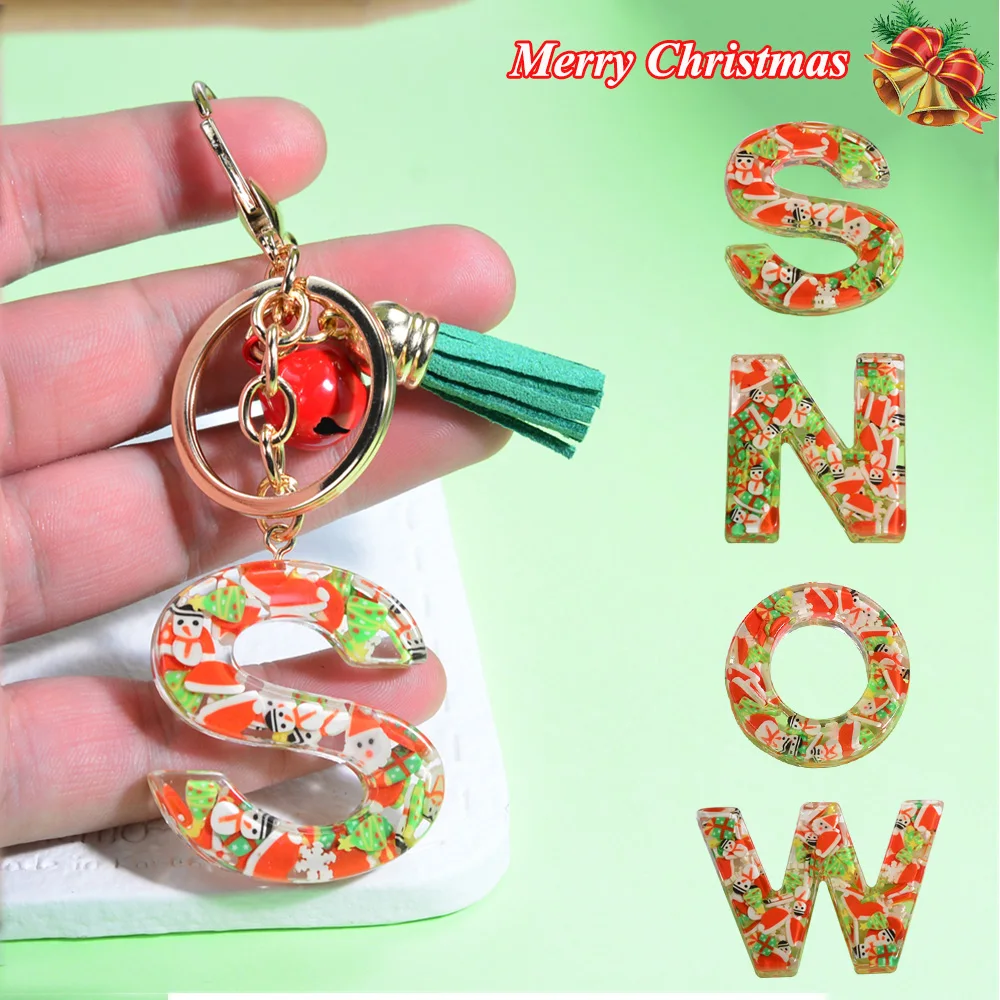

Creative Christmas Element 26 Letter Keychain Snowman Sliced Filling Resin Keyring Bag Pendant Charms Car Key Holder Xmas Gifts