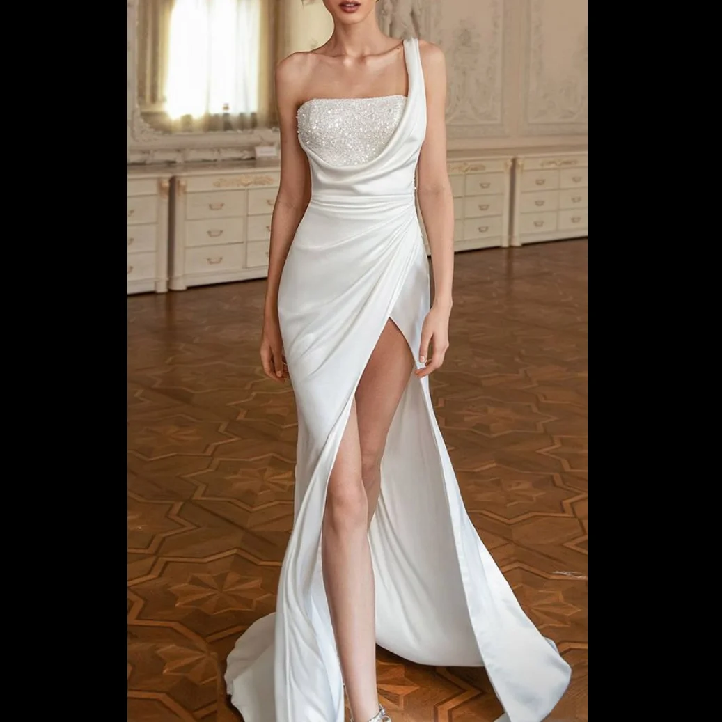 

CFED-070 2022Y New Design Sexy Split Prom Dress Elegant Graceful Pure White Evening Dress Women Asymmetrical Shoulder Long Dress