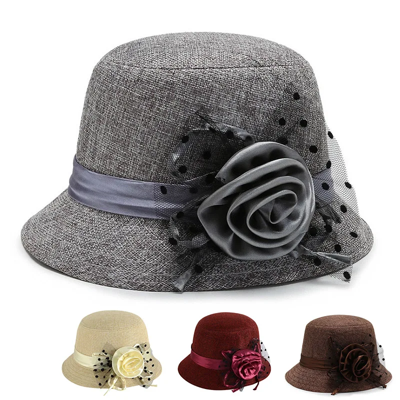 

Women's Sun Visor Hat French Style Elegant Flower Linen Ladies Bucket Hats Summer UV Protection Cap Beach Sun Hat