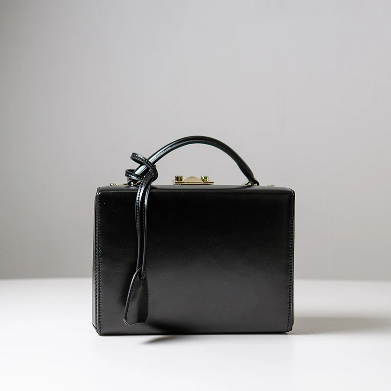 

Cowhide Box Bag Small Genuine Leather Square Handbag for Women Retro Lock Travel Bag Versatile Handheld Shoulder Crossbody Bag