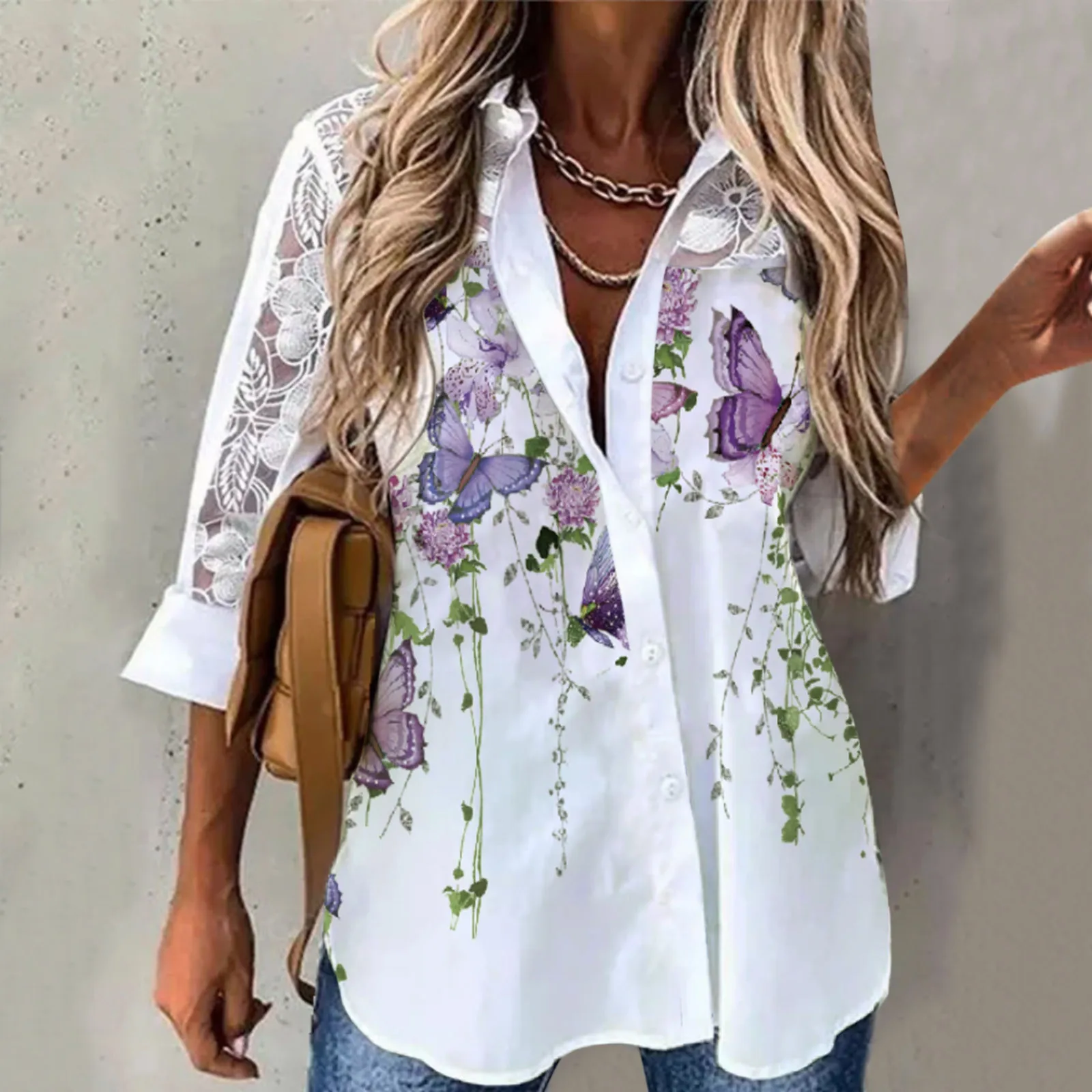 

Ladies Spring Autumn Lace Hollow Long Sleeve Printed Patchwork Stand Collar Shirt Forever Tired Shirt Womens Running Shirt