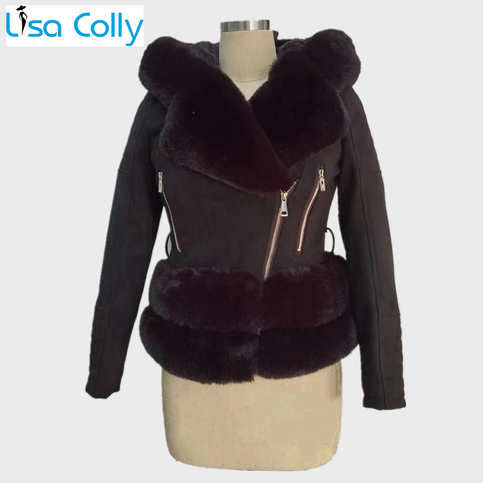 Women Winter Fashion Thick Soft Zipper Short Faux Rabbit Fur Coat Jacket Warm Faux Fur Parka Coat Outwear With Hooded Belt