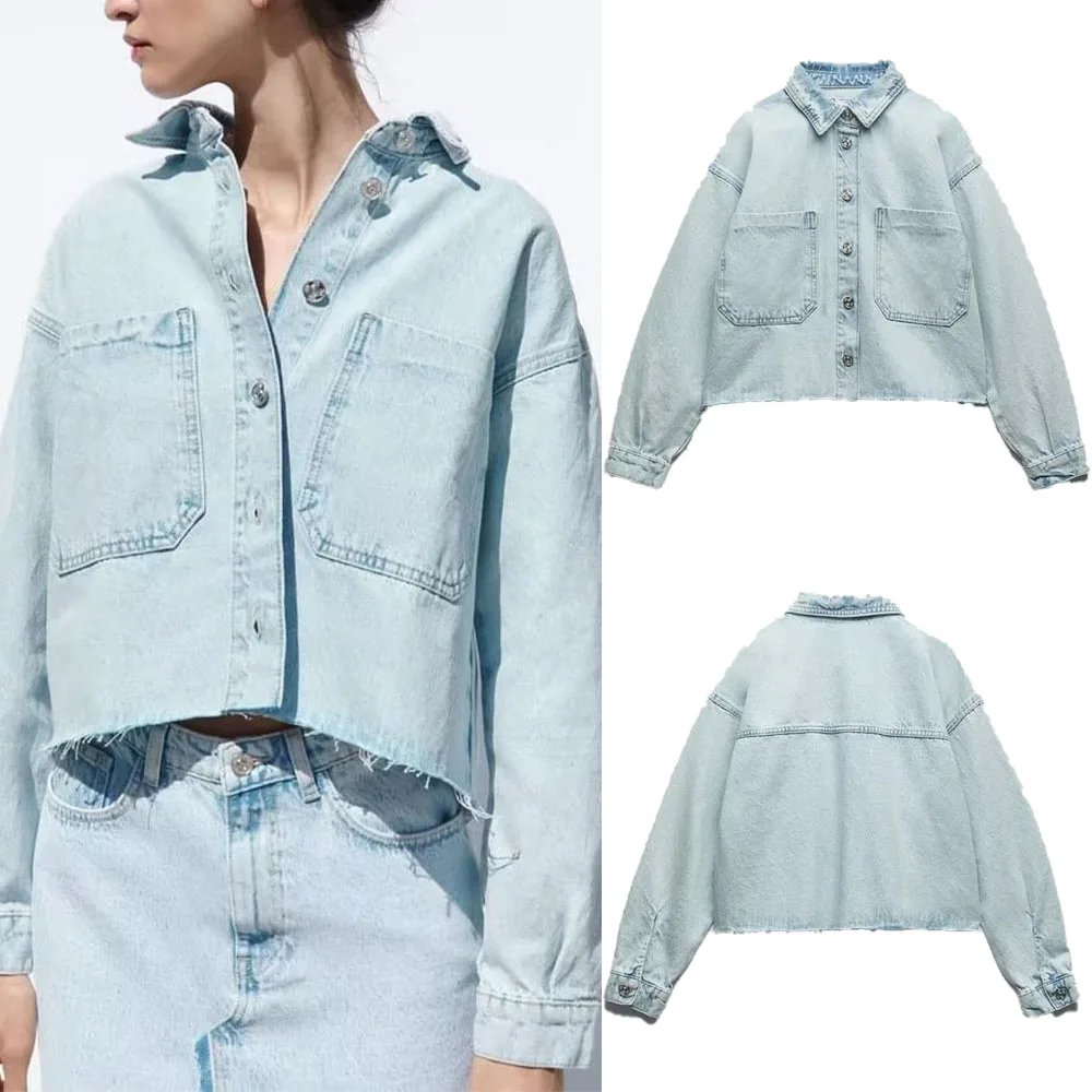 

New Fashion Casual Ladies Versatile Long Sleeve Front Pocket Unstitched Hem Cropped Denim Jacket