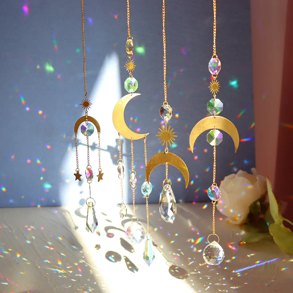 

Crystal Wind Chime Sun Catchers Star Moon Pendant Hexagon Diamond PrismsRainbow Chaser Hanging Drop Home Garden Decor Windchime