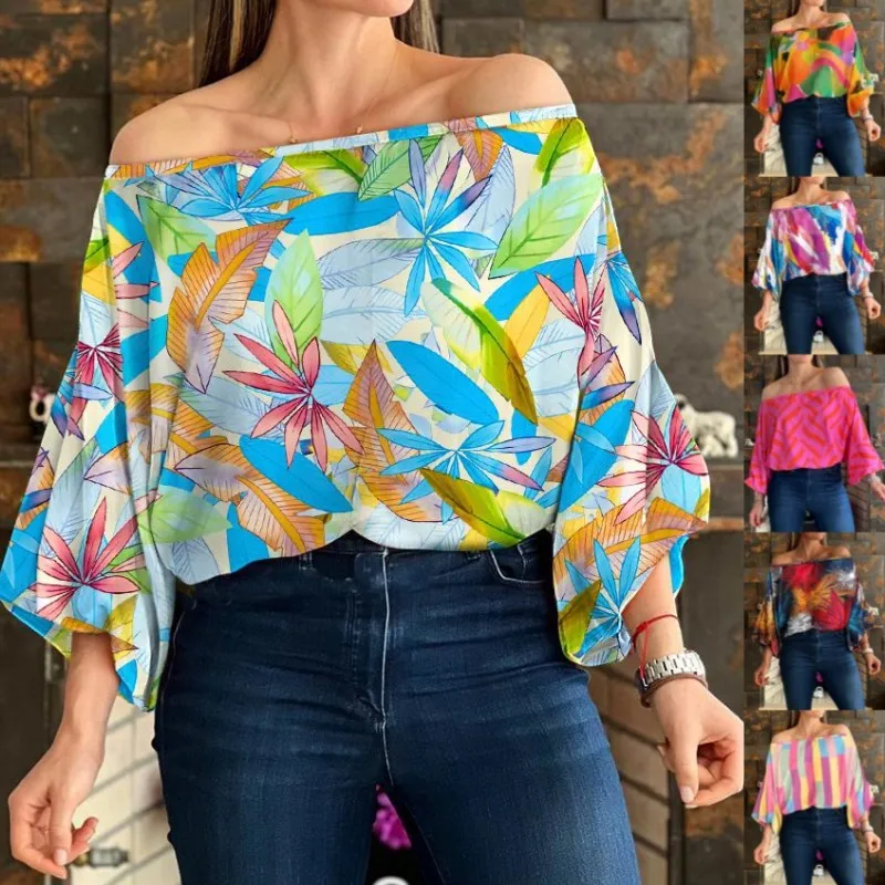 

New Leaf Printed Bubble Sleeve Top 2023 Summer New Fashion Versatile Off Shoulder Top with One Line Neck T-shirt for Woman