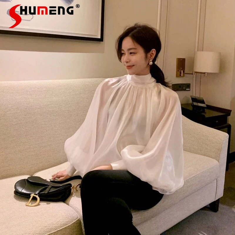 

Женская блузка со шнуровкой и воротником-стойкой, с пышными рукавами, весна 2022