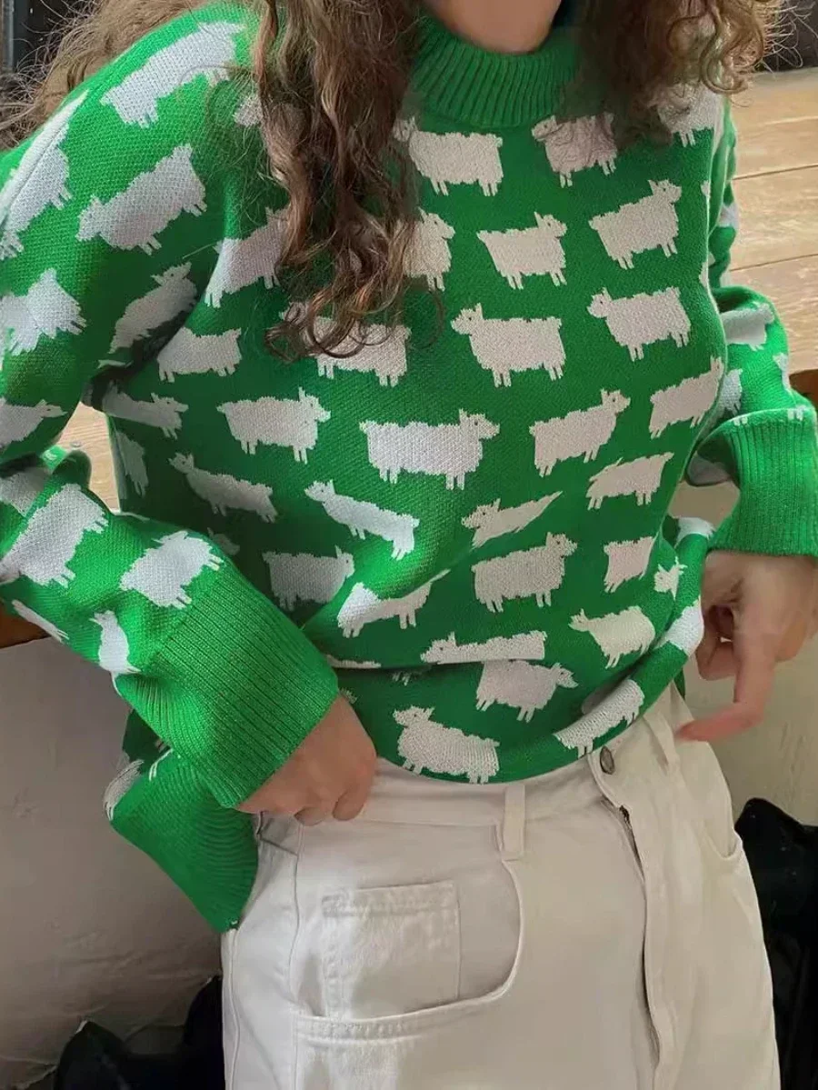 Wolfeel женский свободный повседневный свитер с круглым вырезом и принтом альпаки