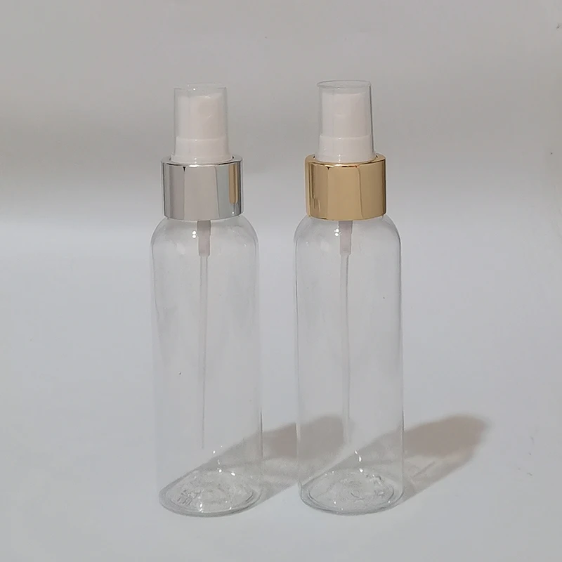 50pcs 100ml Empty Makeup Spray Pump Plastic Clear Bottle With Gold Silver Aluminum Collar Perfume Cosmetic PET Bottle Container