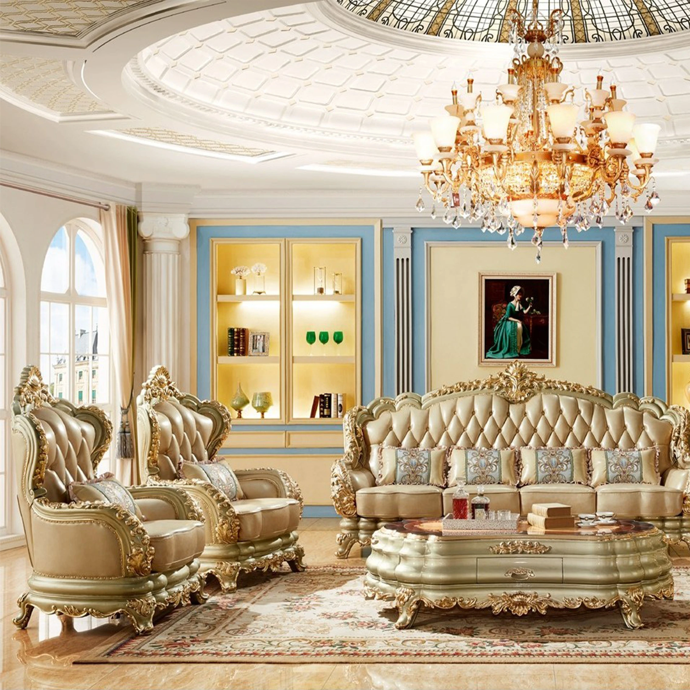 Фото @ #   Европейский элитный комплект мебели для гостиной: диваны Royal Classic с резным каркасом из массива дерева и обивкой из натуральной кожи, 1, 2 и 4-местные. №2