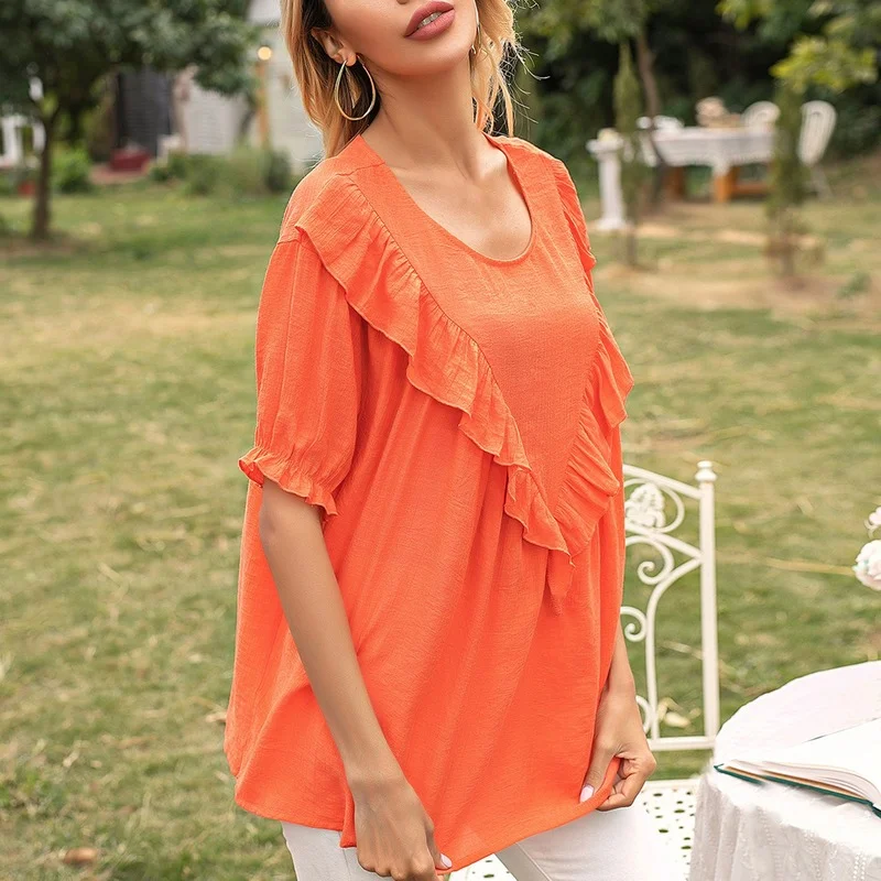 

New Summer Women Loose Oversized Shirt Sweet Cute T-Shirts 2021 Ruffles T-shirt Girls Tees Chic Tops Casual Femme Holiday Tees