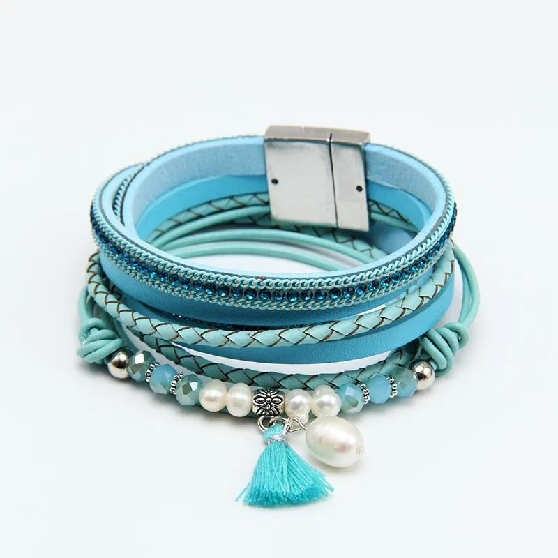 

Classic Multi-layer Winding Leather Bracelet Diamond-encrusted Tassel Pearl Alloy Match Chain Bracelet Jewelry Wholesale