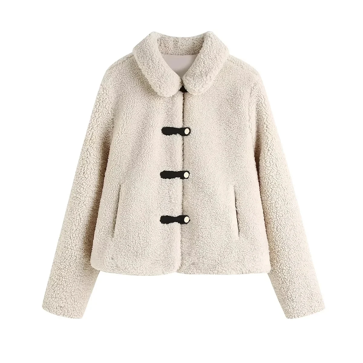 Autumn Winter 2022 Women's Beige Lapel Chic Button Long Sleeve Faux Fur Coat Warm Fashion High Street Style