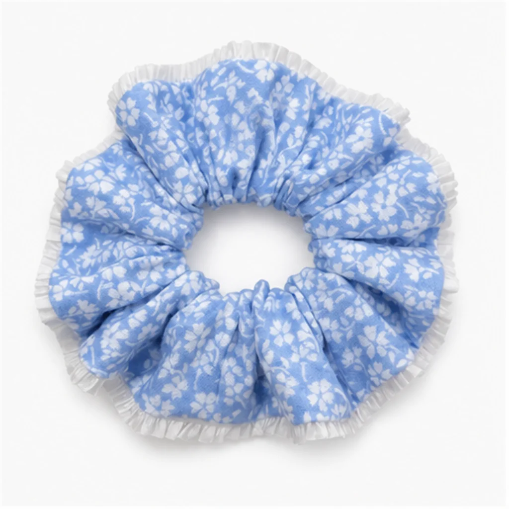 Фото Резинка для волос ручной работы Jeju Sea Breeze Blue Floral, большая, объемная, для хвоста, модный аксессуар для волос №1