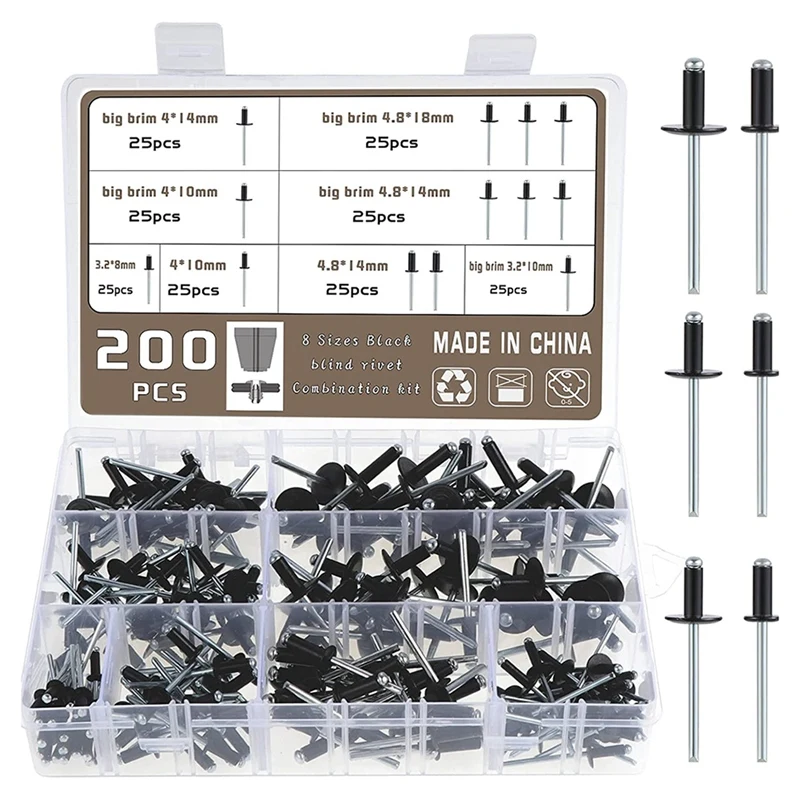 

200 Pcs 8-18Mm Black Rivets Metal 3.2-4.8 Black Rivets Black Rivet Blind Holes Standard And Flange Tool