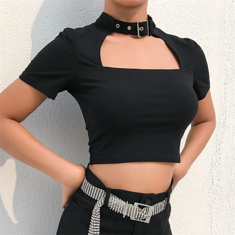 

Buckle Halterneck Sexy Womens T Shirt Harajuku Long Sleeve Crop Top Streetwear Basic Tshirt Women Tight Tees Shirts y2k top