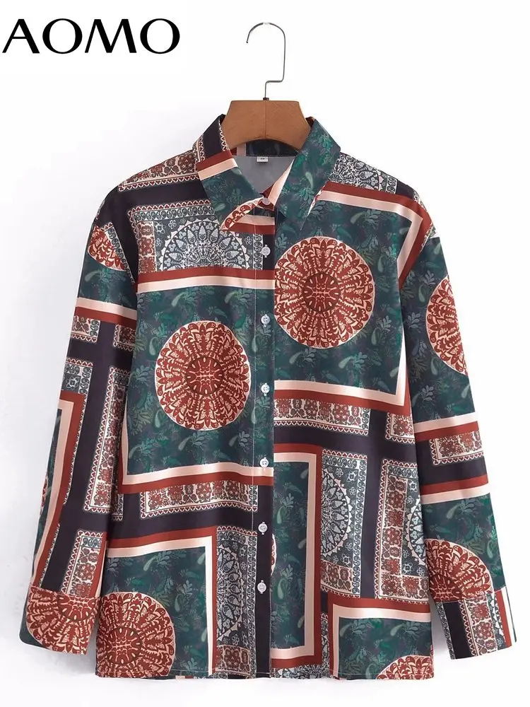 

AOMO Women Retro Vintage Print Shirt Oversized 2022 Autumn Female Shirt Top 3A135A