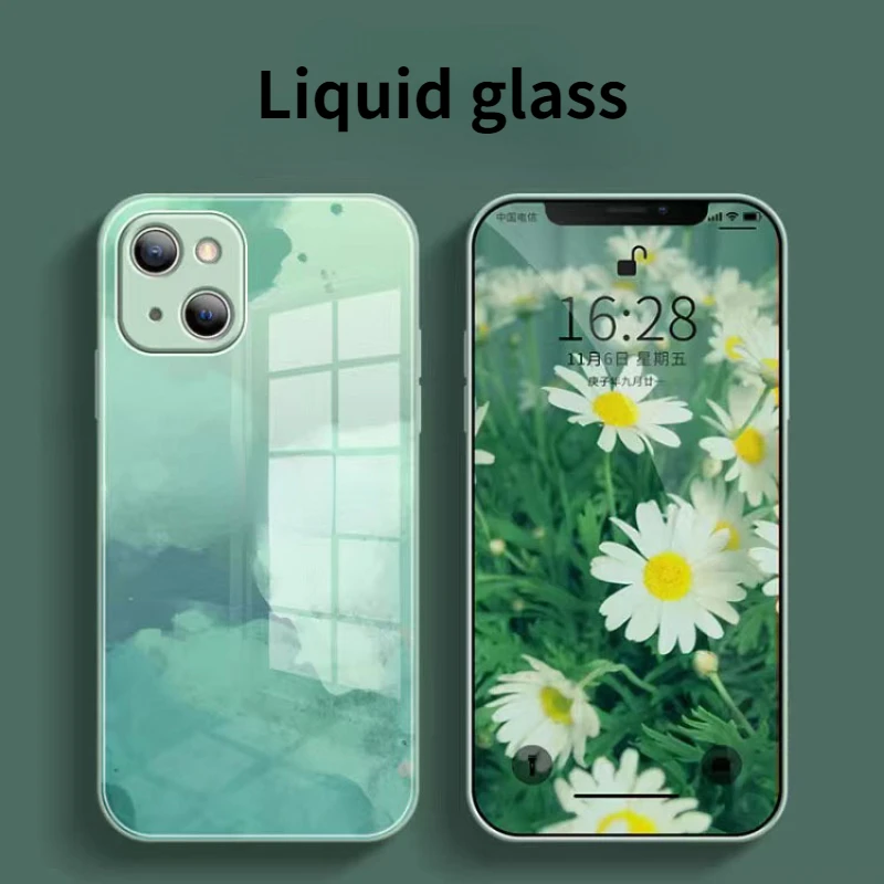 

Watercolor Liquid Tide Tempered Glass Phone Case for iphone11pro Soft Frame 13 12promaxXS XR/XSMAX 8plus 7 Protection Cover