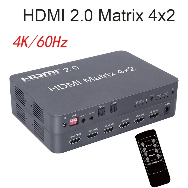 

4K 60Hz HDMI 2.0 4x2 Matrix Scaler HDMI Switch Splitter Video Converter Audio Optical 4 In 2 Out for PS4 Laptop PC To TV Monitor