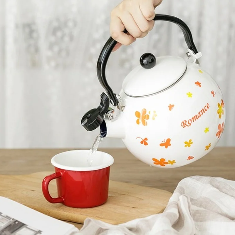 

2L thick flat bottom whistle round belly enamel kettle kettle jug milk teapot home portable kitchen induction cooker universal