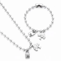 stainless steel silver 6mm beads necklace bracelet set ladies tree of life lock charm pendant chain letter uno jewelry men