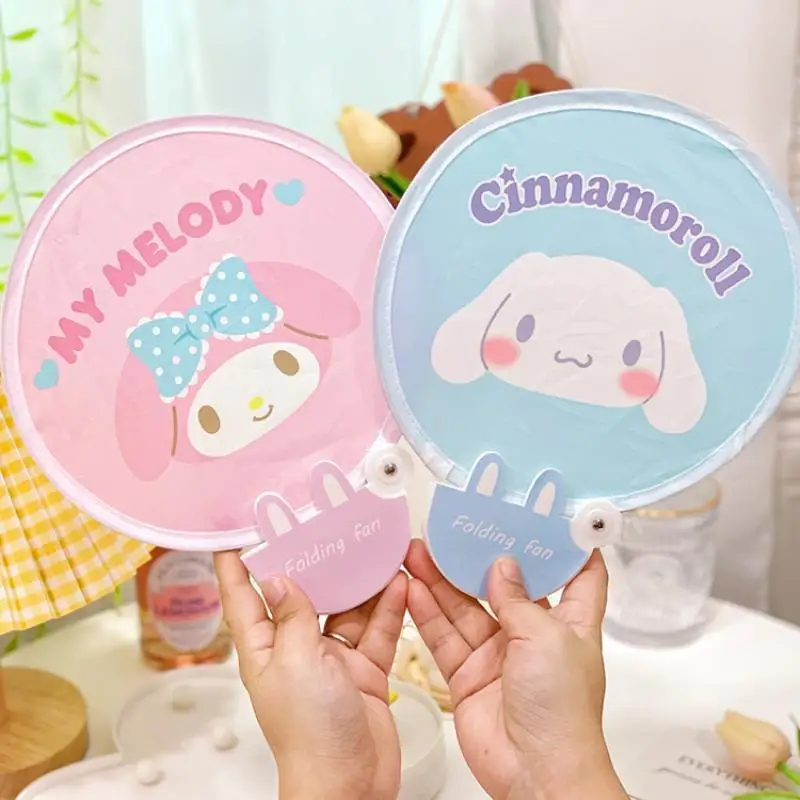 Sanrio Cute Cartoon Small Fan Hellokitty Mymelody Kuromi Portable Foldable Circular Group Fan Mini Shrink Fan Send Storage Bag