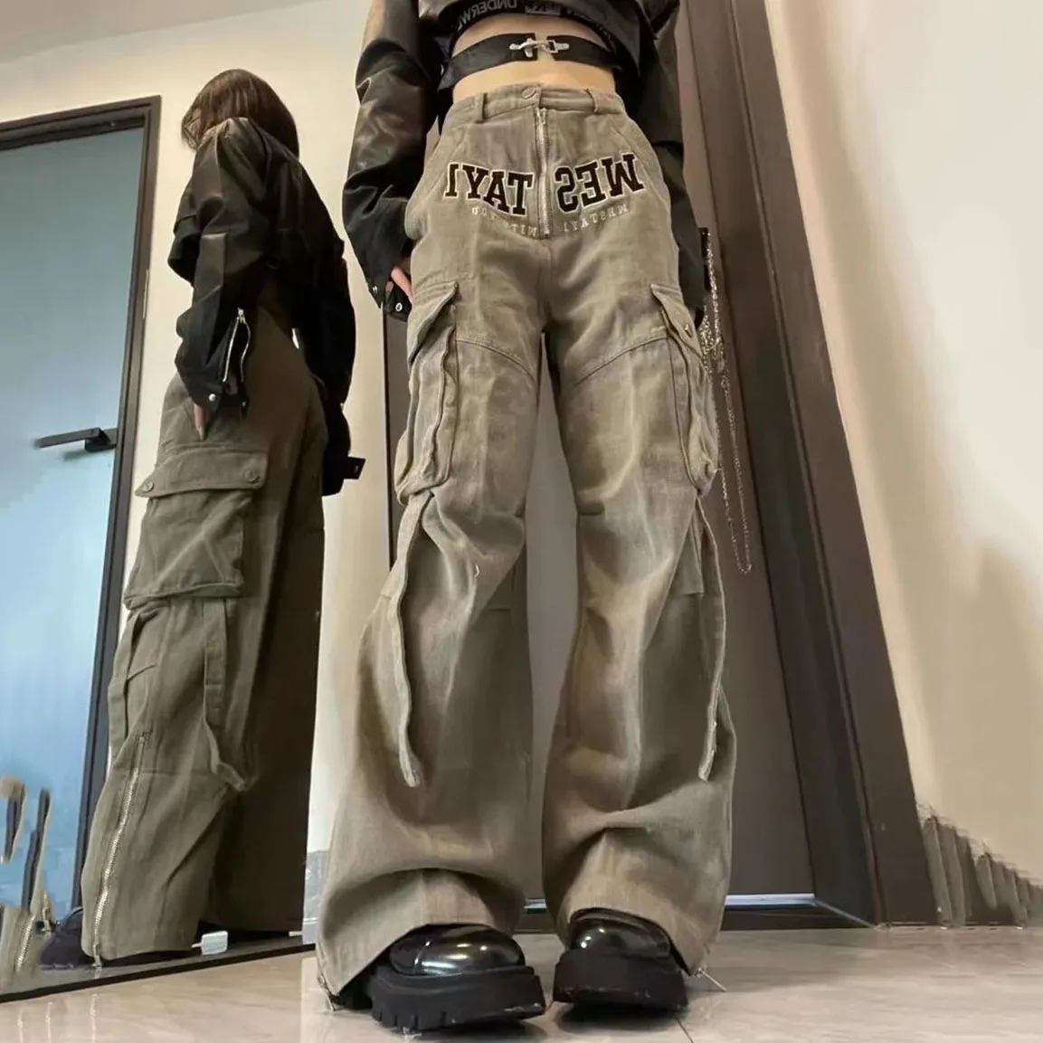 Y2k Hip Hop with Belt Vintage Gothic Cargo Pants Harajuku Straight Wide Leg Trousers Female High Waist Streetwear Emo Punk Pants