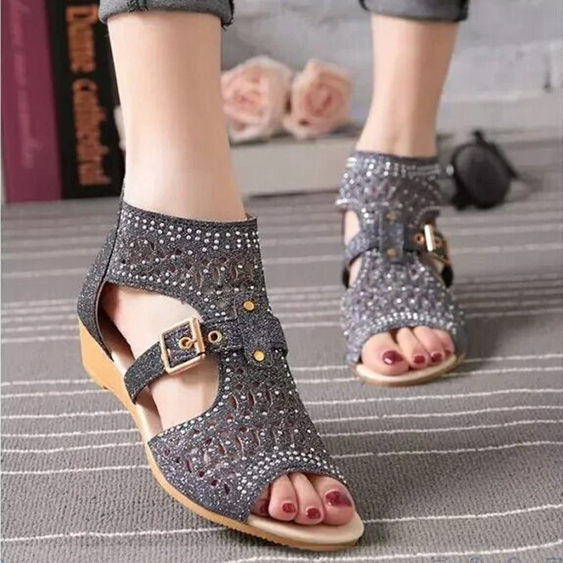 

New Fashion Summer Shoes High Help Fish Mouth Hollow Sandals Female Zipper Wedge Heel Rome Wedges Sandals High Heels Sexy Shoes