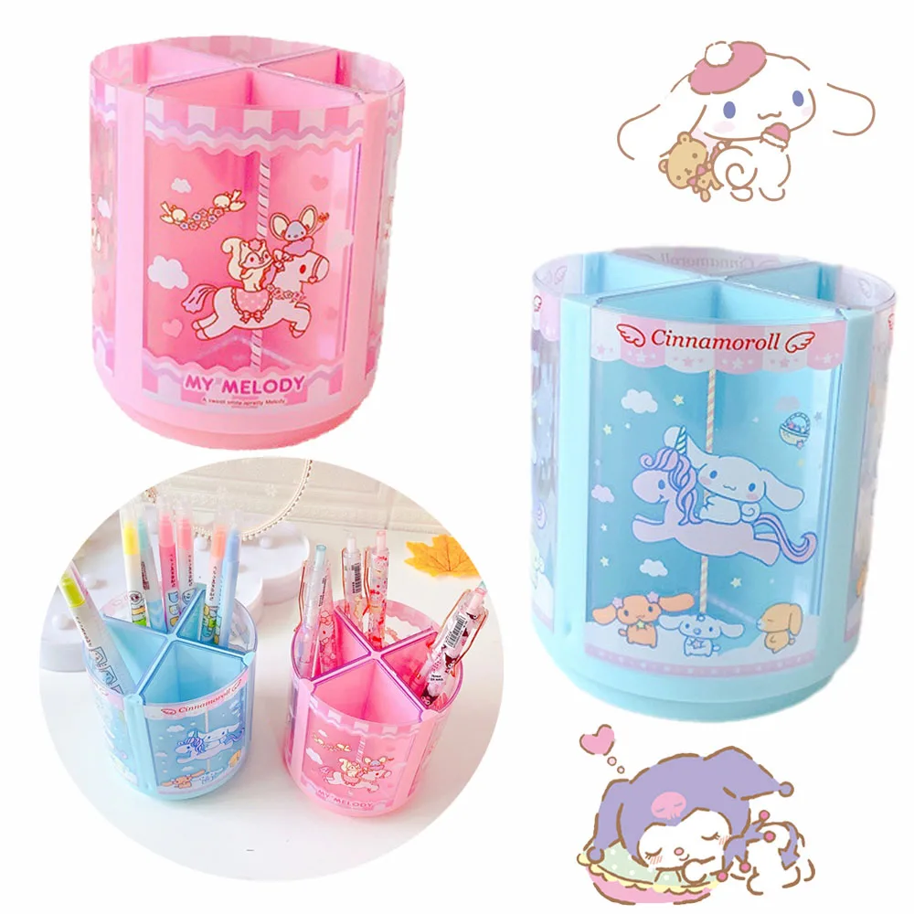 Sanrios My Melody Cinnamoroll Kuromi Hellokittys Large Capacity Rotating Anime Kawaii Makeup Brush Stationery Storage Pen Holder