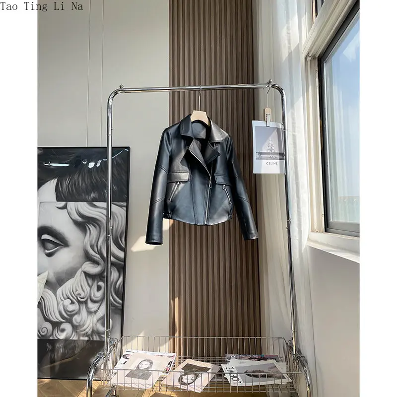 2023 Women New Spring Casual Genuine Sheep Leather Jacket Loose Real Sheepskin Leather Motorcycle Jacket W22