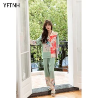 yftnh pajamas sets for women soft silk sleepwear outfits colorblock printing breathable long sleeve night shirts homewear suit