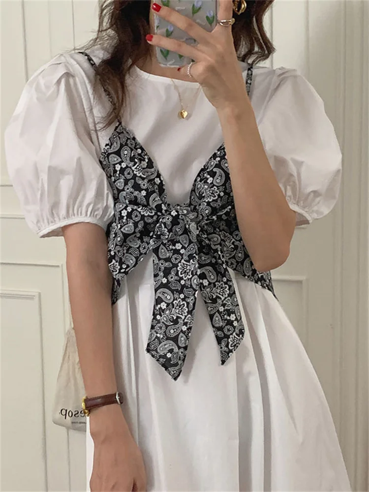 

Korean Chic Dress Set Simple O-neck Waist Slim Puff Sleeve Dress + Retro Square Neck Floral Vest Small Sling Robe Women