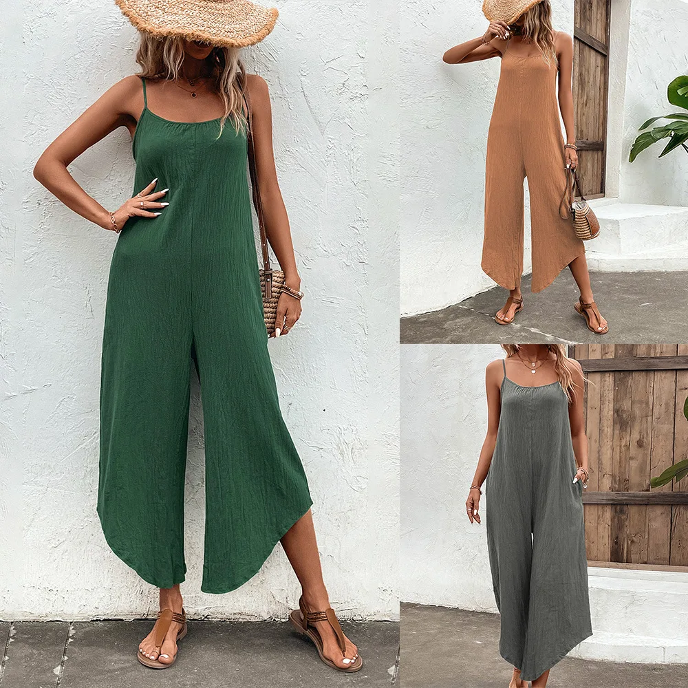 

Casual Women's Loose Sleeveless Solid Color Spaghetti-Neck Jumpsuit Wide Leg Viscose Fiber Spring Summer Gray Green Khaki