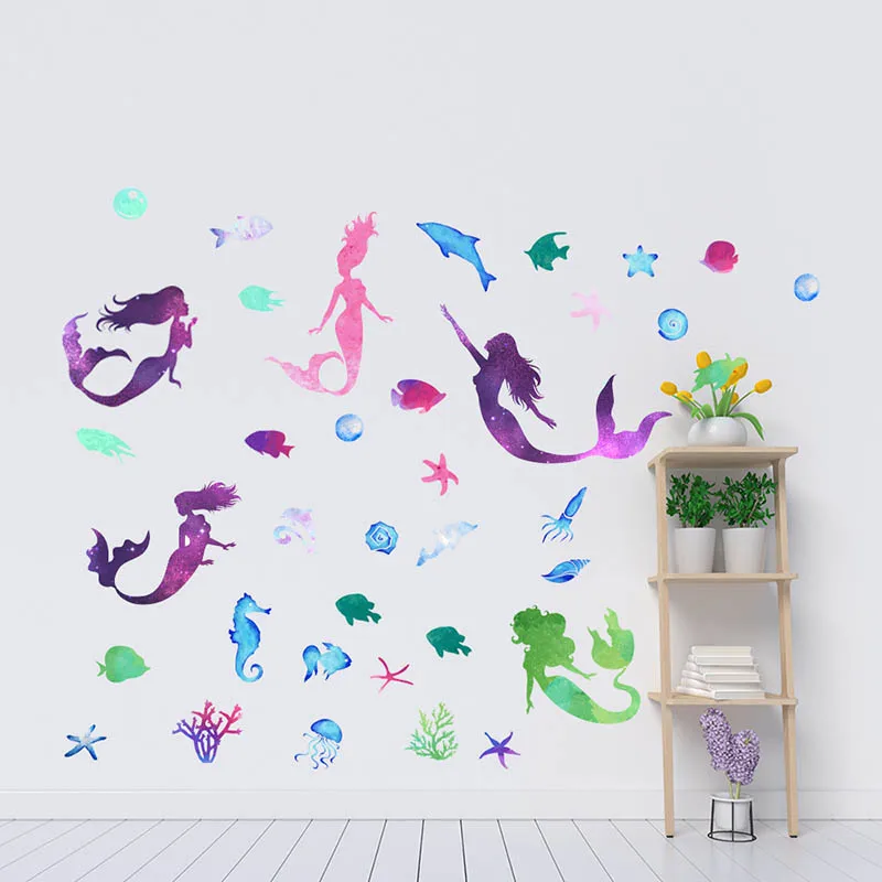 

Golden Purple Mermaid Starfish Decorative Wall Stickers Removable Vinyl PVC Children's Room Toddler Decoration Living Room