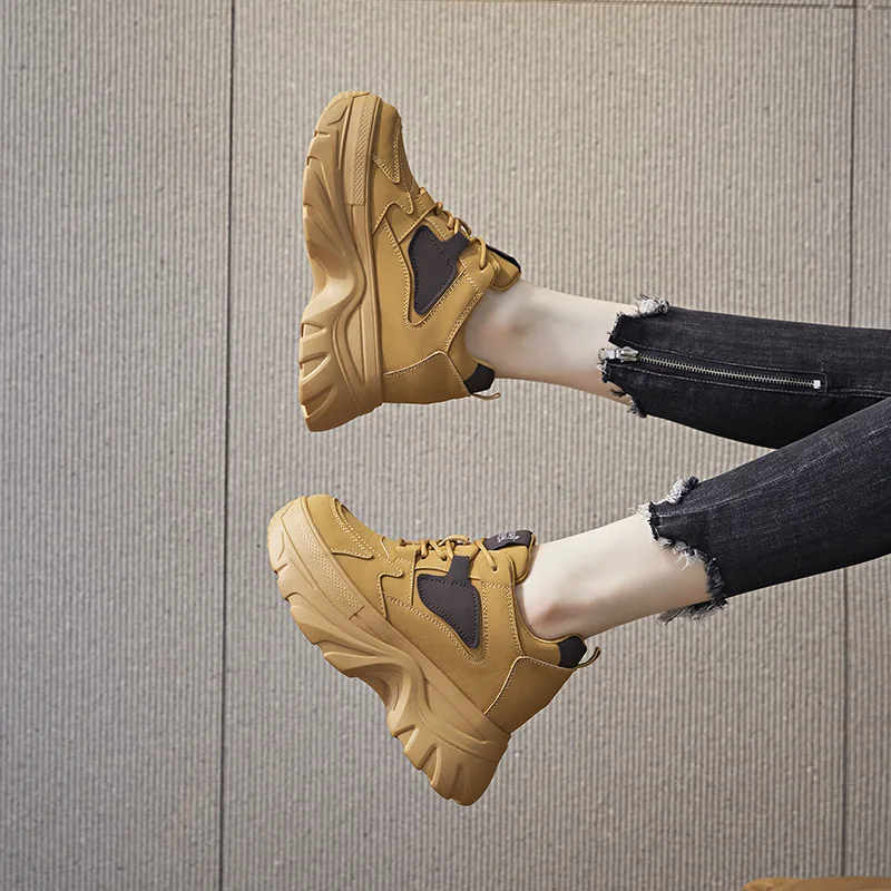 Autuspin 8cm Hidden Heel Women Sneakers Fashion Ladies Platform Genuine Leather Sports Vulcanized Shoes Female Keep Warm Sneaker