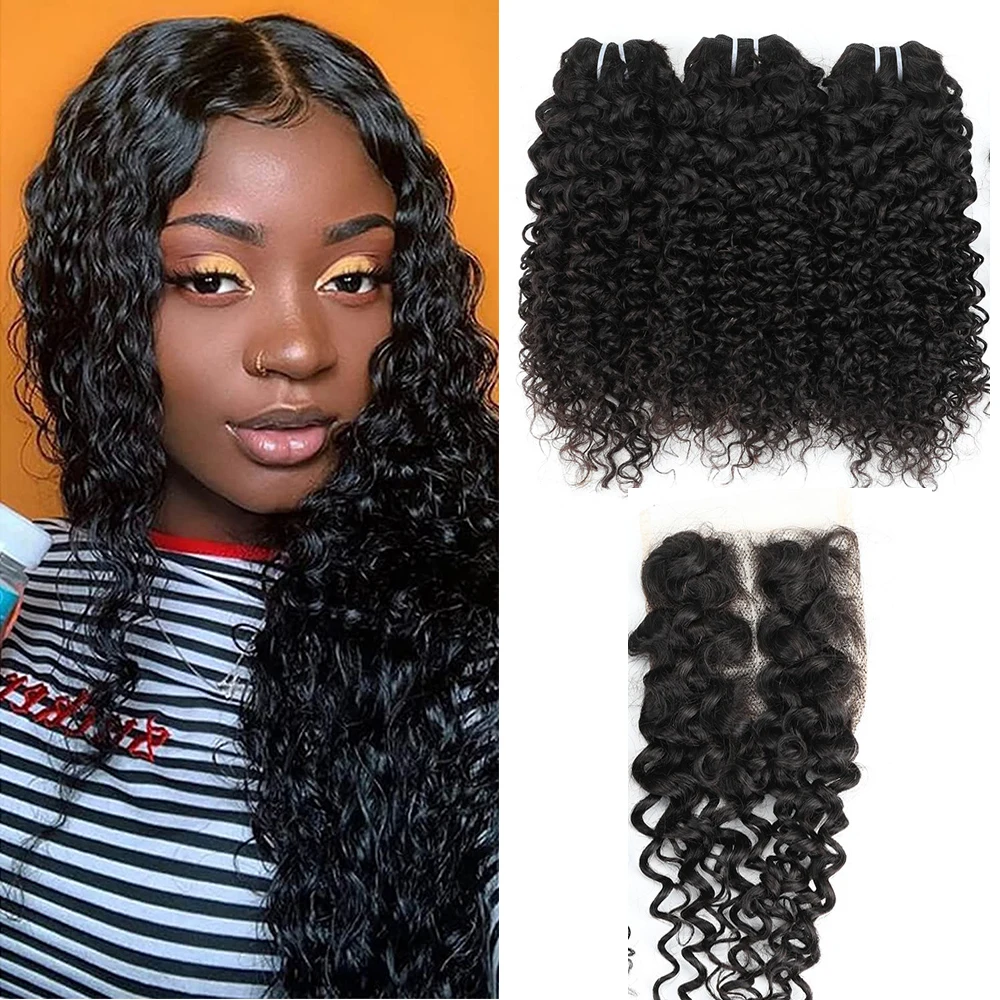 Bliss Hair Brazilian Remy Mongolian Curly Human Hair Bundles with Closure Transparent 4x4 Lace Closure Deep Water Wave 3 Bundles