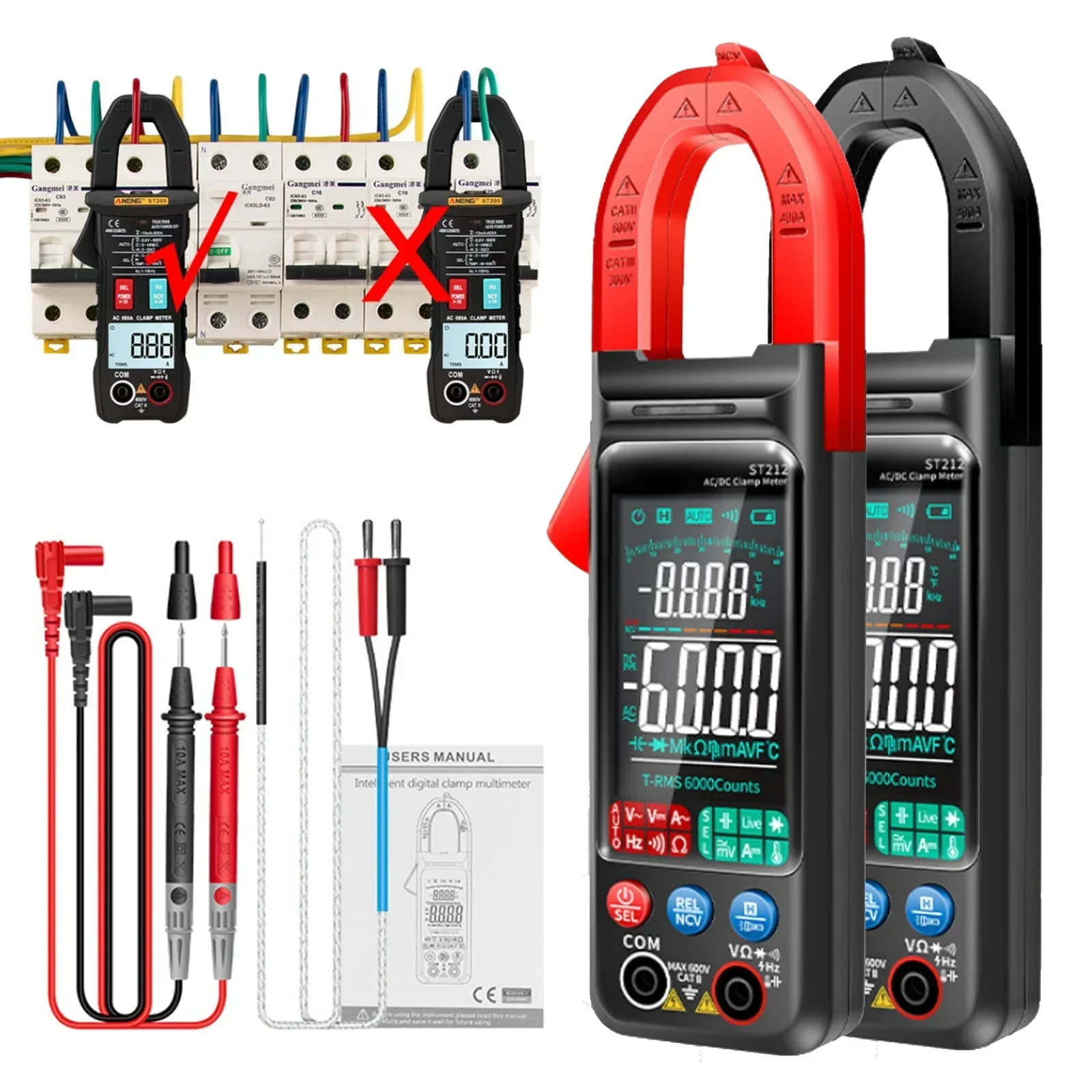 

ANENG ST212 DC/AC Digital Clamp Meter 6000 Counts Color Screen Voltage Tester 400A Amp Multimeter Car Hz NCV Ohm Meter