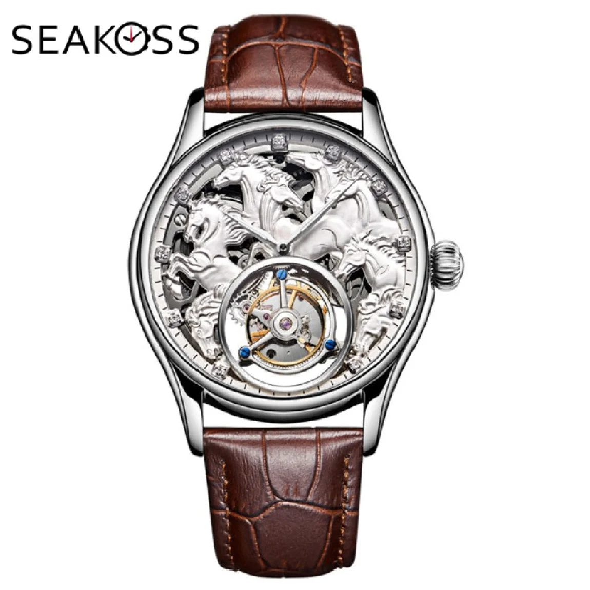 

SEAKOSS Tourbilion Movement Men Mechanical Watch 30m Waterproof Stainless Stell Zodiac Horse Skeleton Watches Relogio Masculino