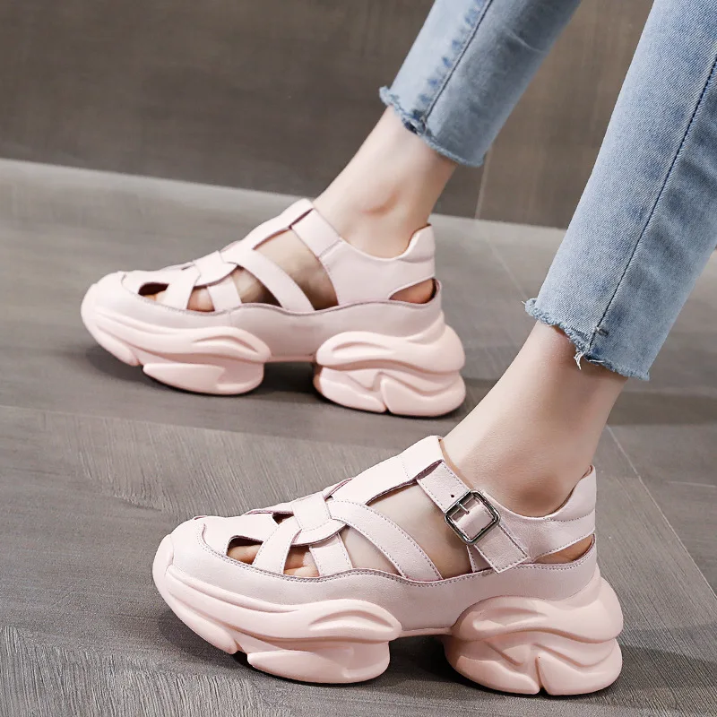 CICIYANG Summer Women Sandals Genuine Leather 2023 Platform Mujer Comfy Fashion Ladies Buckle Chunky Heel Openwork Weaving Shoes