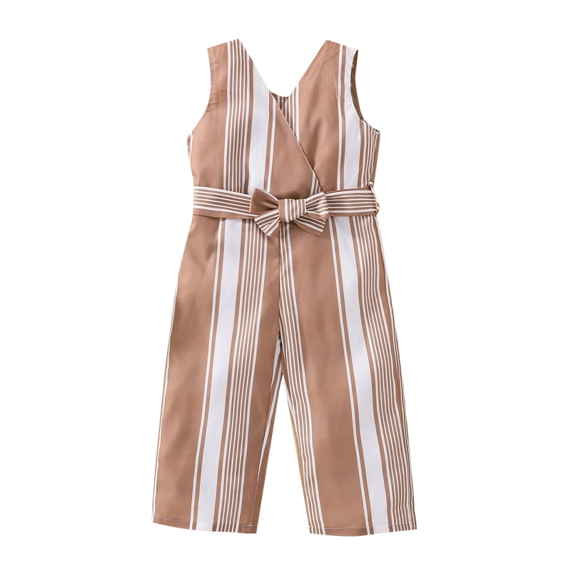 

2022 Kid GirlJumpsuit V Neck Sleeveless Stripe Print Bowknot Belted Playsuit Children's Clothing