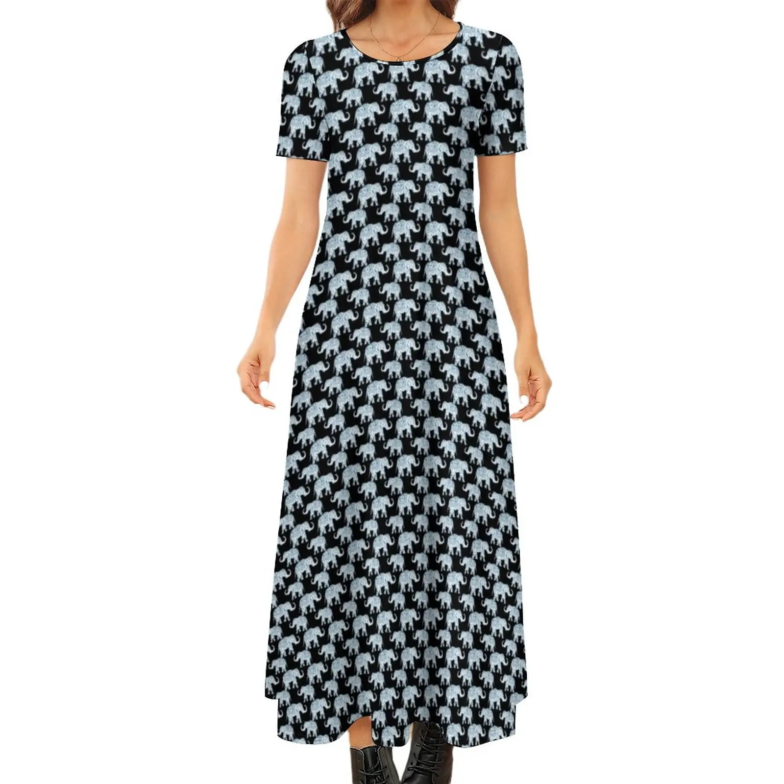 

Retro Elephant Print Dress Funny Animal Kawaii Maxi Dress Woman Short Sleeve Korean Fashion Bohemia Long Dresses Big Size 7XL