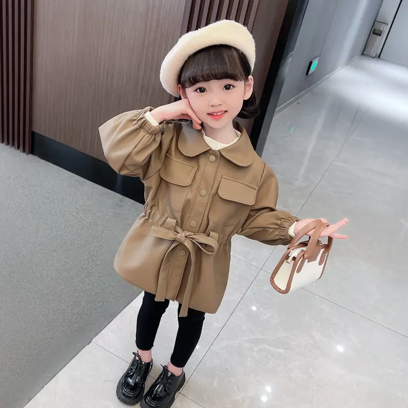 

3-9Y Children Faux PU Leather Jacket Autumn Girls Coat Turn-down Collar Single Breasted Loose Kids Outerwear Clotheshes Hw55-60