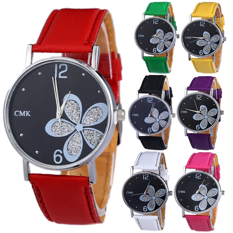 

Часы женские кварцевые с кожаным ремешком, модные наручные, с цветком, ювелирные украшения