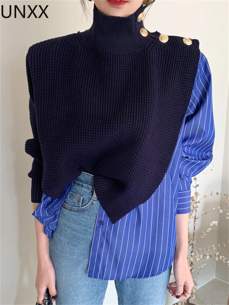 

Корейский шикарный пуловер UNXX, свитеры, Женская водолазка с боковыми пуговицами, имитация двух предметов, строченный полосатый свитер с пыш...