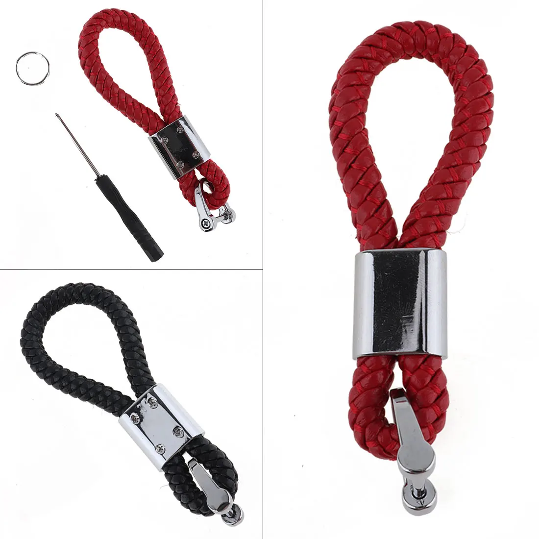 

Long Type Zinc Alloy + PU Leather Car Key Case Accessories Key Ring Weave Pendant Rope with Installation Tool For Car Keys