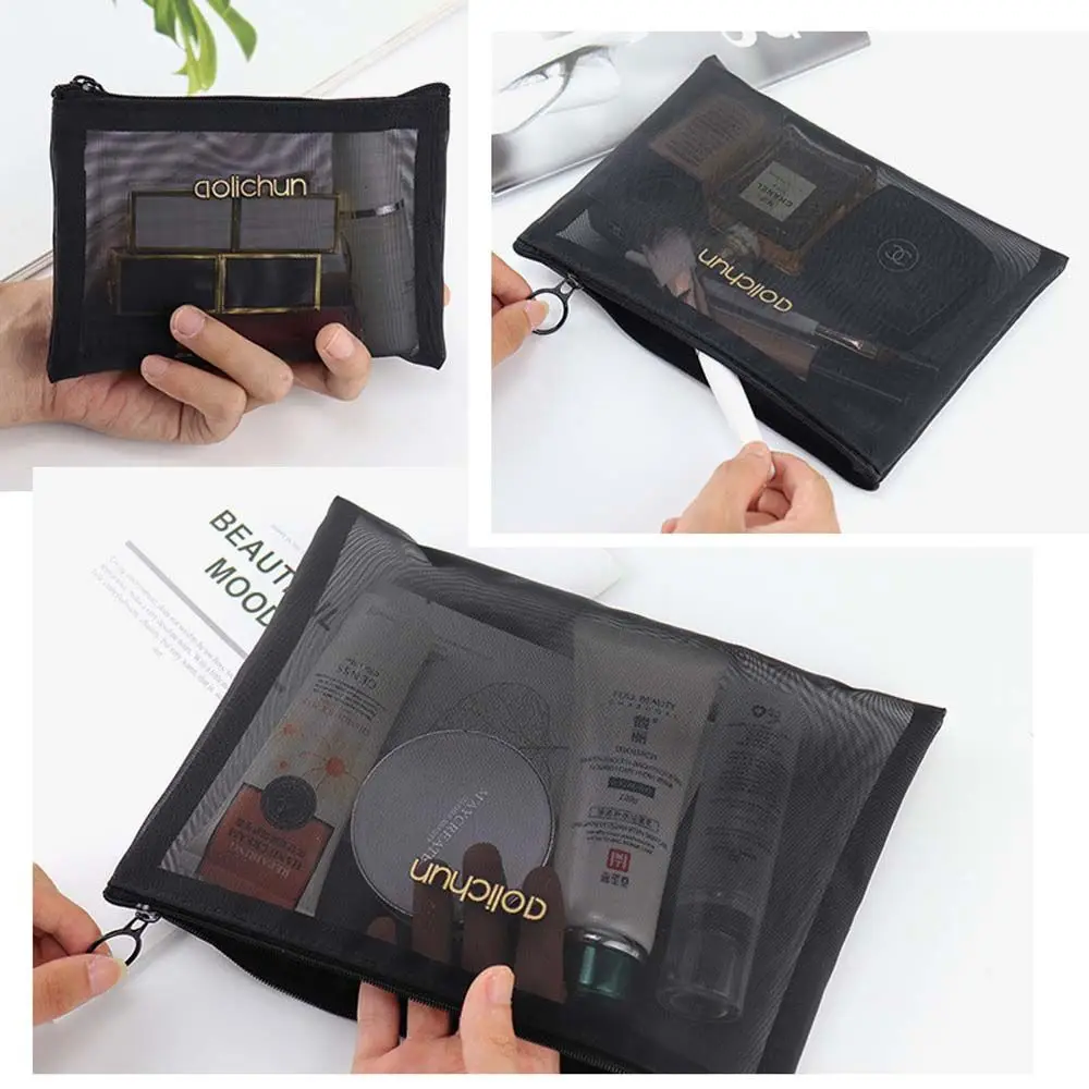 

S/M/L Portable Black Mesh Cosmetics Storage Bags Practical Durable Makeup Cases Large Capacity Travel Organizer Wash Pouch