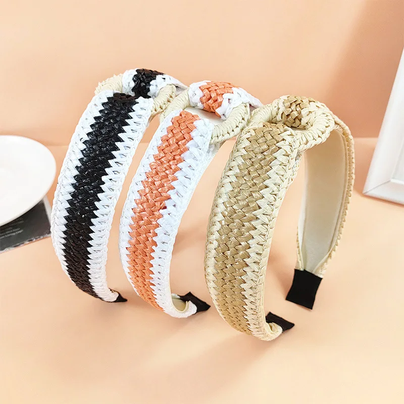 

Bohemian Mixed Color Straw Hair Bands Wide Fashion Headbands For Simple Matching Raffia Pressed Hairbands Hair Accessories